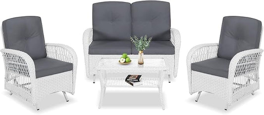 VIVIJASON 4-Piece Outdoor Patio White Wicker Conversation Sets, All Weather Rattan Furniture Set Includes Glider Loveseat, Coffee Table, 2 Glider Rocker Chairs w/Cushion for Lawn Balcony, Grey