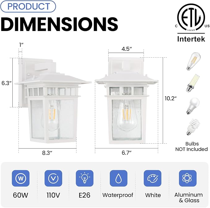 Outdoor Wall Lantern 2 Pack White Outdoor Sconces with Seeded Glass