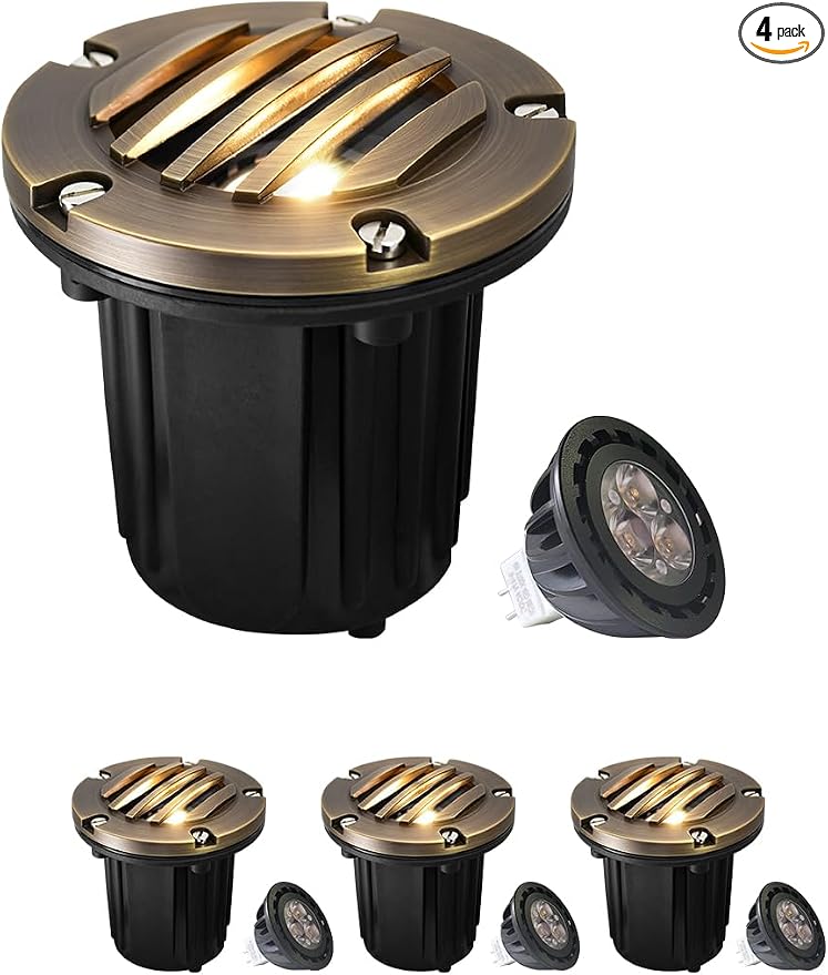 MALORY Brass Top Cover Landscape Well Lights, (φ126 mm) 12V Low Voltage Outdoor In Ground Lights,Landscape Lighting for Pathway, Driveway and Garden (Grated Top, 4-Pack with Bulb)
