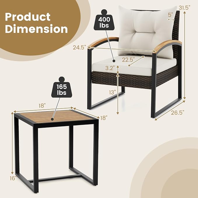 HAPPYGRILL 3 Pieces Patio Wicker Conversation Set with Acacia Wood Table, Outdoor PE Rattan Furniture Set for Poolside Backyard Lawn Garden