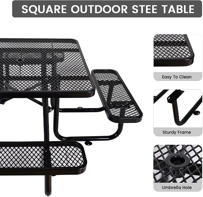 46" Square Metal Picnic Table for 4-8 Person, Durable Heavy Duty Commercial Picnic Table with Umbrella Hole for Outdoor Coffee Shop, School, Hospital, Easy to Install, Black