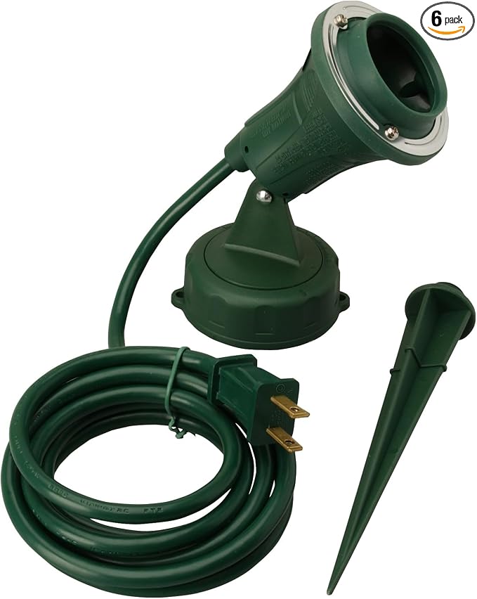 Woods Outdoor Floodlight | Green | 6-Foot Cord | Weather-Resistant | With Ground Stake | Pack of 6