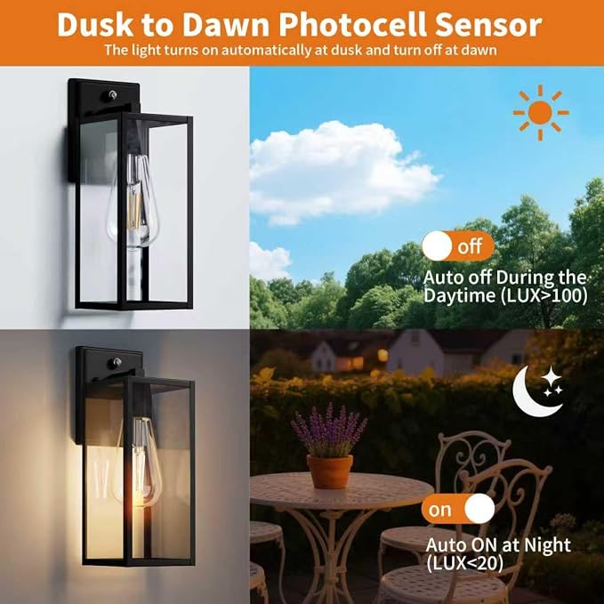 15'' Black Dusk to Dawn Outdoor Front Porch Lights for Outside, Large Exterior Lighting Fixtures Wall Mount for House, Wall Sconce Lamp, Waterproof Lantern Coach Lights for Garage, Entryway,Yard