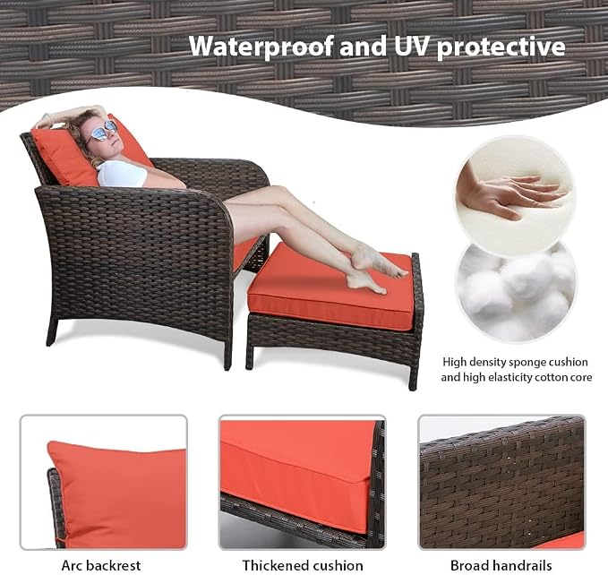 LEVELEVE Balcony Furniture 5 Piece Patio Conversation Set, PE Wicker Rattan Outdoor Lounge Chairs with Soft Cushions 2 Ottoman&Glass Table for Porch, Lawn-Brown Wicker