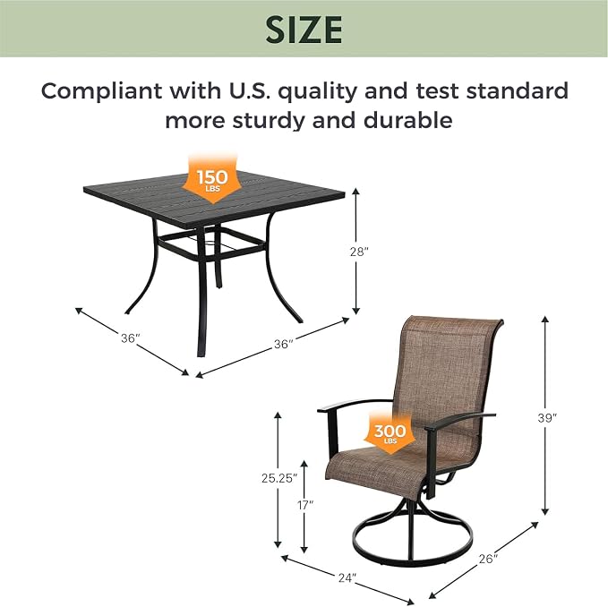 Grand patio Outdoor Dining Set of 5, Outdoor Table and Chairs Set, 4 Padded Mesh Sling Swivel Rocker Patio Chair & 36'' x36'' Square Dining Table(1.5'' Umbrella Hole), Mixed Coffee