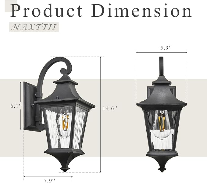 Outdoor Wall Sconce 14.6 Inch Height Aluminum Exterior Lighting Fixtures with Water Ripple Glass E26 Socket and Black Finish