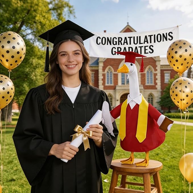 Graduation Porch Goose Outfit with Cap and Gown Stoles for 23" Porch Goose Holiday Outdoor Garden Patio Yard Lawn Art Decoration (Red)