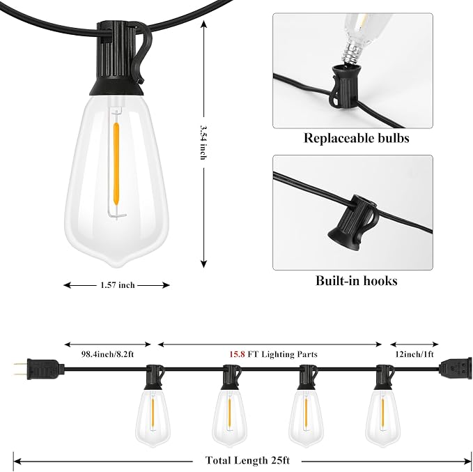 Brightever LED String Lights Outdoor Waterproof, 25FT 2200K Dimmable Patio Lights with 13 Shatterproof ST38 Vintage Edison Bulbs, Outside Hanging Light for Porch, Deck, Garden, Backyard, Balcony