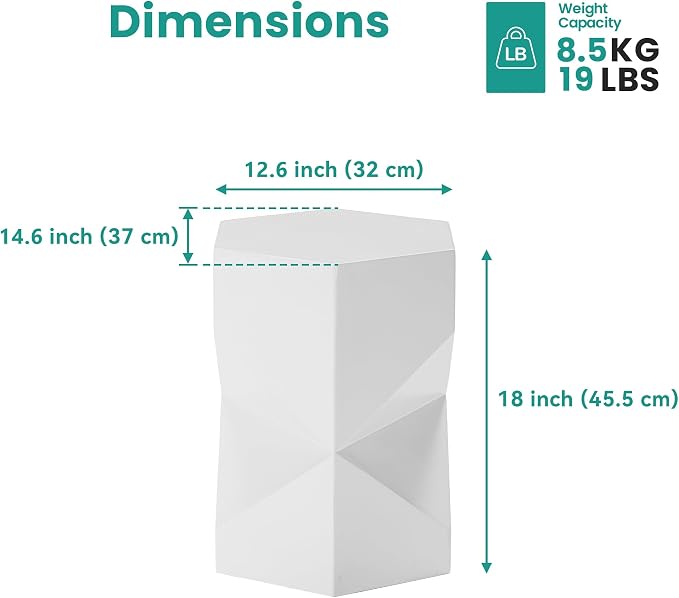 SUNBURY Outdoor Side Table, 18" Hexagon End Table Gloss Finish w Geometric Pedestal, Patio Concrete Accent Table Modular Design Decor, Lightweight Garden Stools for Balcony, Porch, Living Room, White