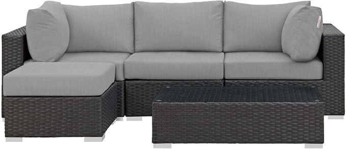 Modway Sojourn Wicker Rattan 5 Piece Outdoor Patio Sunbrella Sectional Set in Canvas Gray