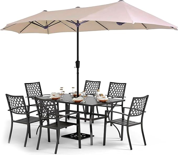PHI VILLA 8 Pcs Patio Dining Set w/ 13ft Double-Sided Patio Umbrella(Beige) | Metal Outdoor Table Furniture Set with 6 Outdoor Stackable Chairs, 1 Rectangle Dining Table and 1 Large Beige Umbrella