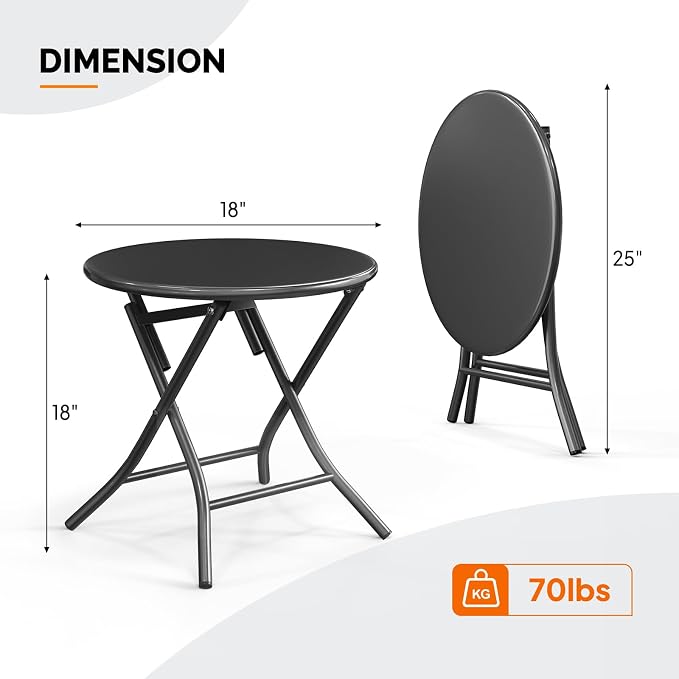 VINGLI Patio Metal Folding Side Table, Portable Small Outdoor Folding Round Table, Perfect for Indoor and Outdoor Spaces Like Balconies, Backyards, Porches, and Patios.Black（1 Pack）
