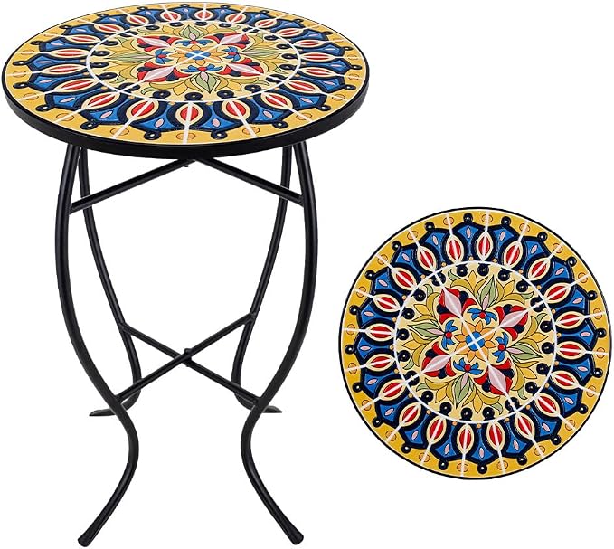 14 Inch Mosaic Patio Side Table with X-Curved Legs, Indoor Outdoor Accent Round End Table with Ceramic Tile Tops for Yard, Garden, Living Room, Bistro, C - Grand Mandala