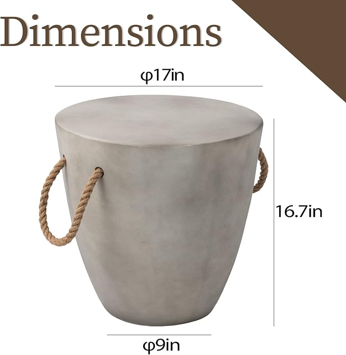 COSIEST Outdoor Shaped Side Table with Concrete Top & Hemp Rope Handles, 17'' Patio Accent Table for Garden