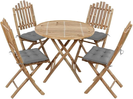 5 Piece Folding Patio Dining Set with Cushions Bamboo Outdoor Table and 4 Chairs Weatherproof Waterproof Space Saving for Garden Backyard Deck Poolside Natural Gray