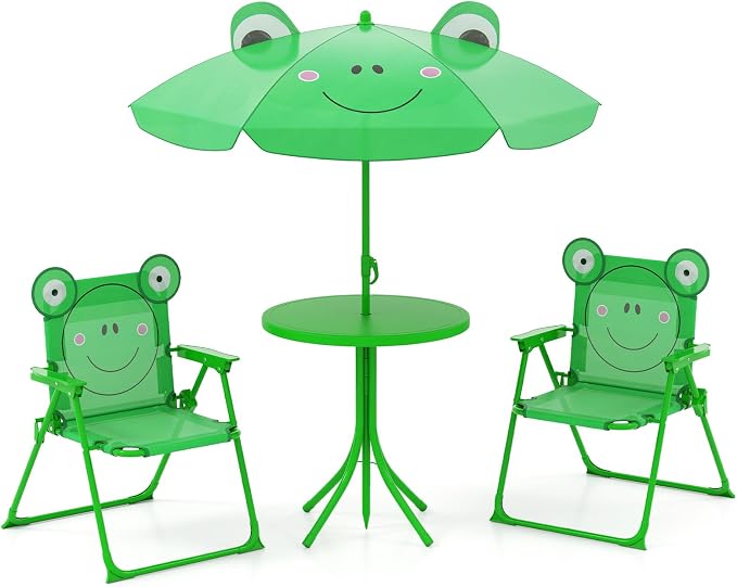 KOTEK Kids Picnic Table with Umbrella, Outdoor Table & 2 Folding Chairs, Cute Pattern Children’s Patio Furniture, Portable Kids Table and Chair Set for Backyard, Garden, Beach (Green)