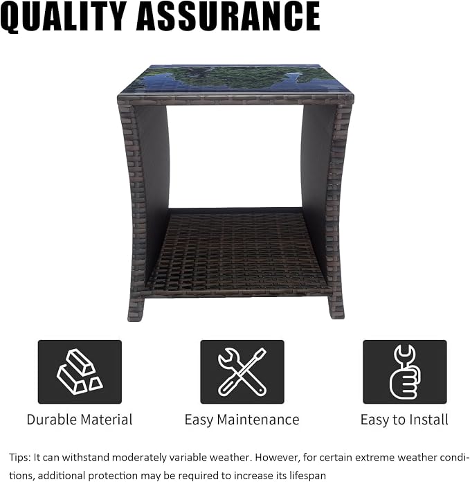 Rattan Side Table,Outdoor Patio Wicker Table,Modern Patio End Side Table with Glass Countertop and Storage Space,for Garden Balcony Porch (Brown3)