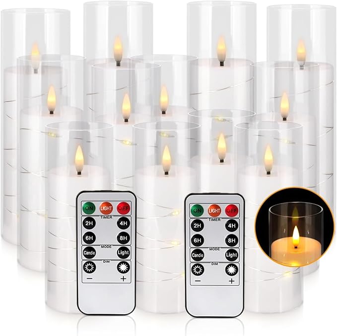 YOROXRG Flickering Flameless Candles Battery Operated with Remote,Led Pillar Candles with Realistic Moving Wick Candles for Halloween,Christmas,Home Decor Pack of 12 (D2.2 xH 5" 6" 7")(White)