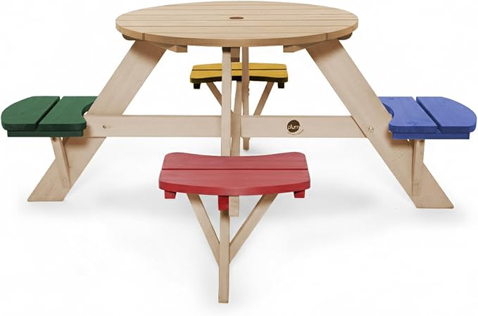 Plum® Kids Picnic Table - Wooden Toddler Table and Chairs Set, Outdoor Furniture for Patio, Garden, Backyard Dining & Activity, 4 Built-in Benches, Sturdy, Durable, Weatherproof, Ages 3+, Natural