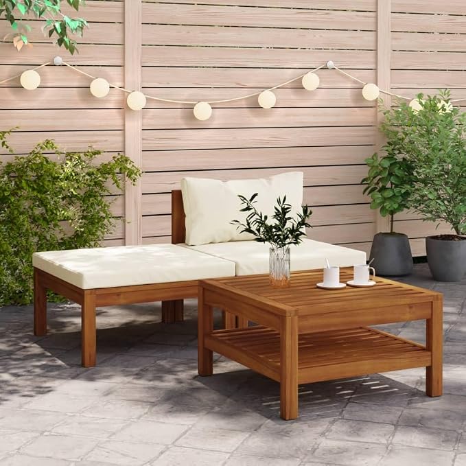 3 Piece Patio Conversation Sofa Set with Cream White Cushions, Acacia Wood Patio Furniture Set with Middle Sofa, Coffee Table, Footrest for Porch, Deck, Backyard,-420