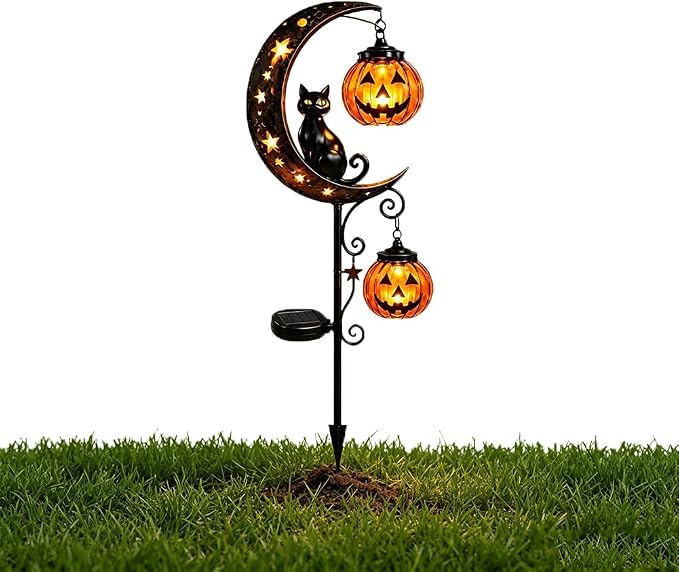 Solar Halloween Black Cat & Pumpkin Moon Garden Stake Light, Outdoor Waterproof LED Yard Decoration with Crescent Moon, Hanging Jack-o'-Lantern Lantern for Garden, Patio, Walkway, Porch(Style C)