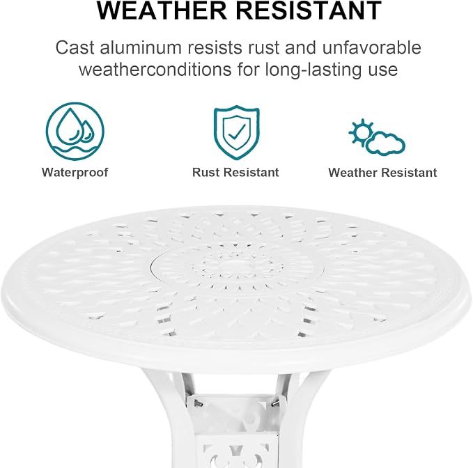 3 Piece Cast Aluminum Bistro Set With Umbrella Hole, Outdoor Patio Furniture With Adjustable Foot Cap, Metal Table and 2 Chairs for Garden, White