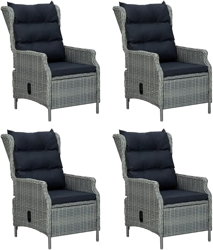 5 Piece Patio Dining Set Light Gray Poly Rattan with Tempered Glass Table, Reclining Chairs and Cushions, Outdoor Garden Conversation Set for Backyard Deck Lawn Porch, Weather Resistant Furniture