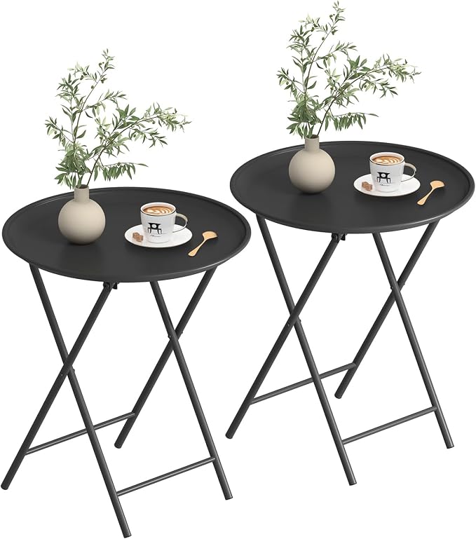 Garden 4 you Folding TV Tray Table, Metal Round Side Table, Black Dinner Table with Metal Frame, Modern Outdoor Tray Table for Living Room, Bedroom, Patio & Small Spaces, 2 Packs