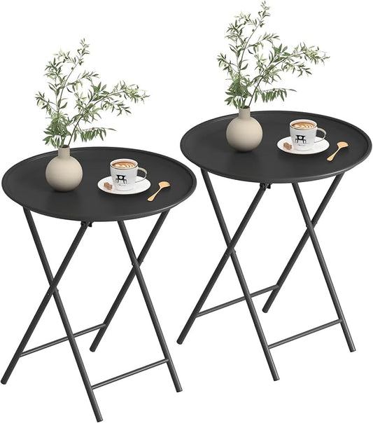 Garden 4 you Folding TV Tray Table, Metal Round Side Table, Black Dinner Table with Metal Frame, Modern Outdoor Tray Table for Living Room, Bedroom, Patio & Small Spaces, 2 Packs