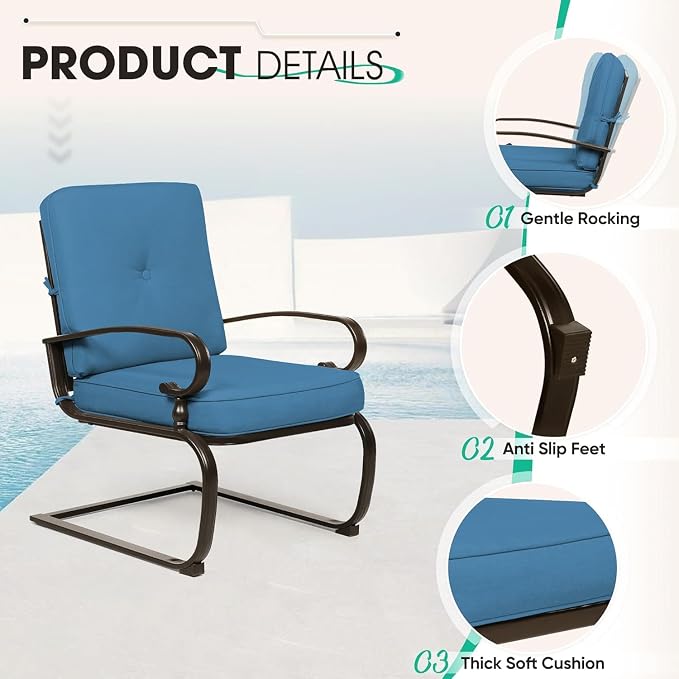 8 Pcs (6 Seats) Metal Outdoor Patio Furniture Conversation Sets, 4 Spring Chair, Loveseat and 3 Coffee Table, with Cushions (Peacock Blue)
