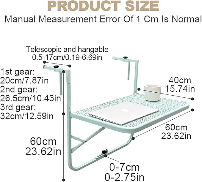 Wall-Mounted Table for Railings Outdoor Balcony Railing Side Table Balcony Bar Table for Railings Rounded Edges with Leveling Equipment Terrace Side Table for Patio Garden Balcony.