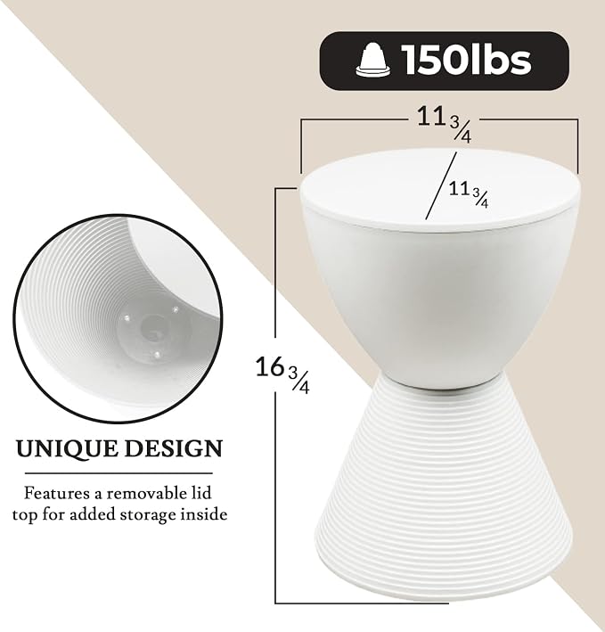 LeisureMod Modern Hourglass White Side Table - ABS Shell Drum End Table with Storage for Indoor & Outdoor Use