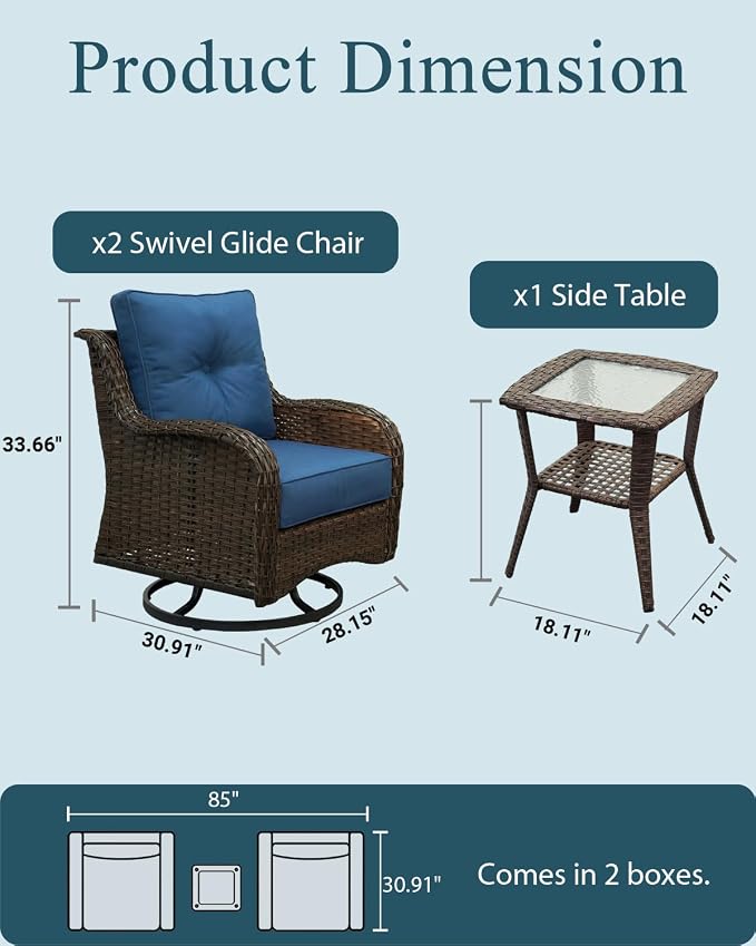 Luxury Patio Conversation Set, 3-Piece Ergonomic High Back Wicker Swivel Chair Set with 6-Inch Deep Seating Cushions, Large Patio Furniture Set for Garden, Deck & Balcony, Navy Blue