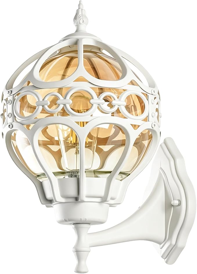 White Globe Outdoor Wall Lights, Round Exterior Wall Sconce for Patio, Porch, Entryway, Anti-Rust Aluminum Wall Mount Lighting Fixture, Outside Wall Lantern with Amber Glass & Ornate Cage, E26 Base