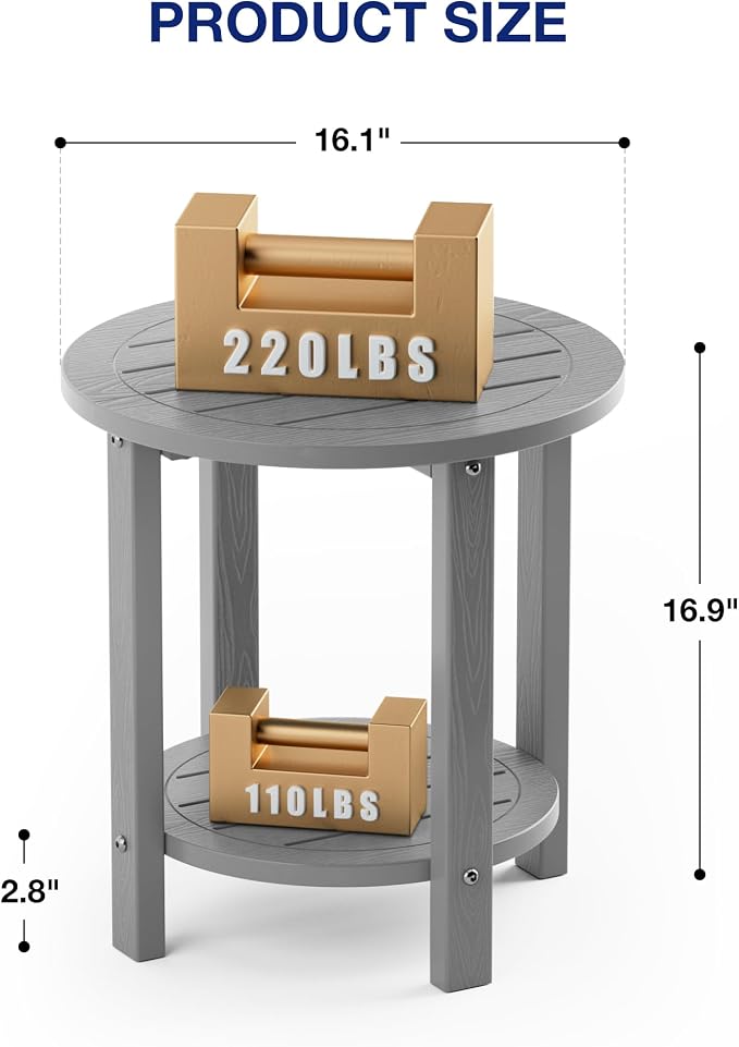 YEFU Outdoor Side Table for Patio: 16in HIPS Small Round Outdoor End Table - 2-Tier Adirondack Tables for Patio Porch Yard Poolside Living Room Beach Bedroom (Grey, 1 Pack)
