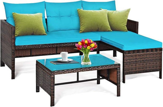 DORTALA Wicker Patio Furniture Set Couch 3 Piece, L-Shaped PE Rattan Outdoor Sectional Sofa Conversation Set with Loveseat, Lounge and Tempered Glass Coffee Table for Garden Lawn Deck, Turquoise