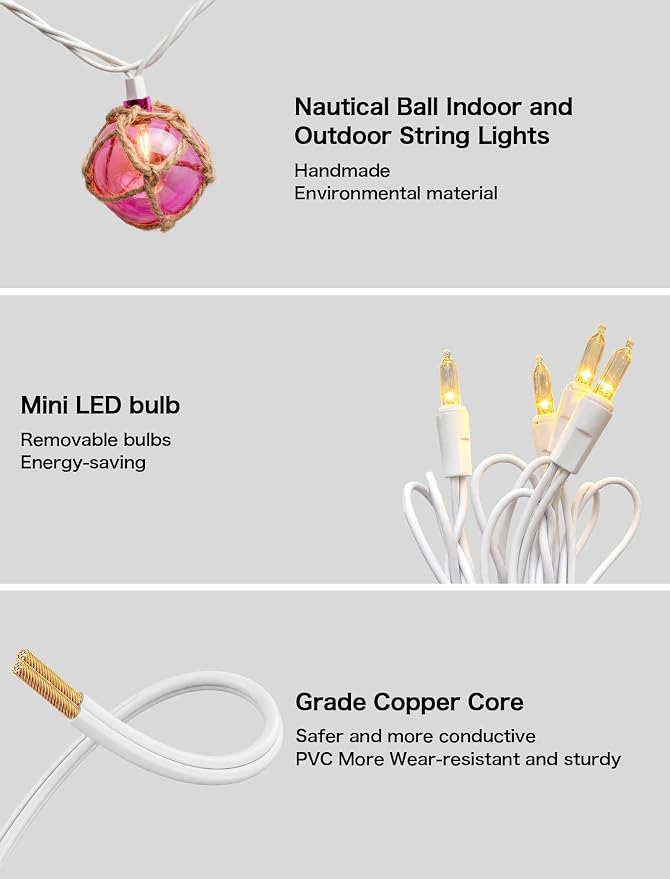 Nautical String Lights Plug in, 12FT 20 LED Tiki Bar Lights with Fishing Float Buoy, UL Certified Waterproof Patio Lights for Beach Party, Coastal Camping Home Indoor Outdoor Summer Decor