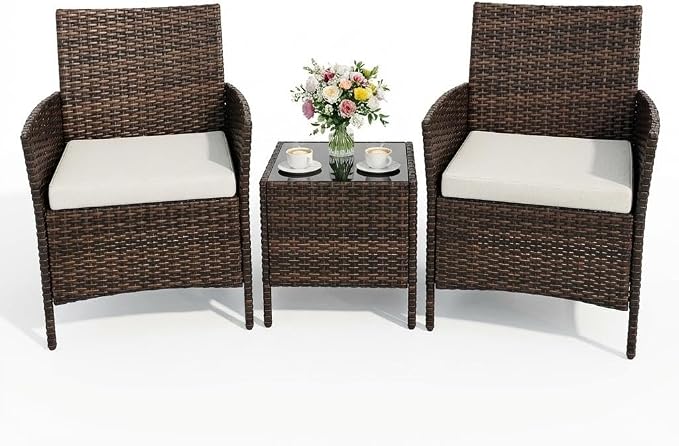3PCS Outdoor Patio Bistro Set, PE Rattan Wicker Armchairs with Water-Resistant Cushions & Tempered Glass Coffee Table, All-Weather Conversation Set for Garden, Backyard, Porch, Poolside, Brown/Beige