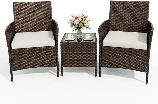 3PCS Outdoor Patio Bistro Set, PE Rattan Wicker Armchairs with Water-Resistant Cushions & Tempered Glass Coffee Table, All-Weather Conversation Set for Garden, Backyard, Porch, Poolside, Brown/Beige