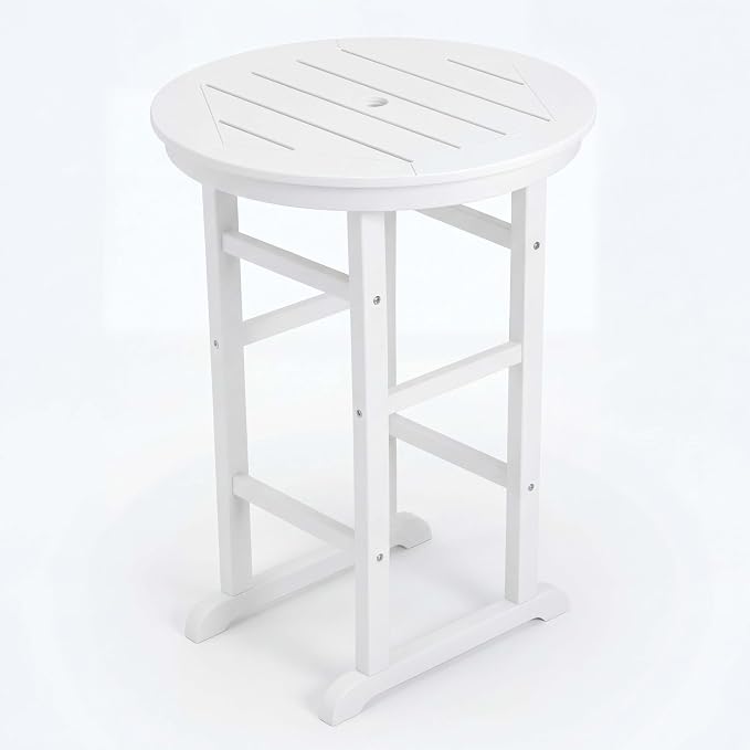 WILLIAMSPACE Height Patio Bar Table Set of 3, Outdoor Round Bar Table with Umbrella Hole, 2 Bar Stools with Cup Holders, 3-Piece All-Weather Outdoor Bistro Set for Kitchen Outside (White)
