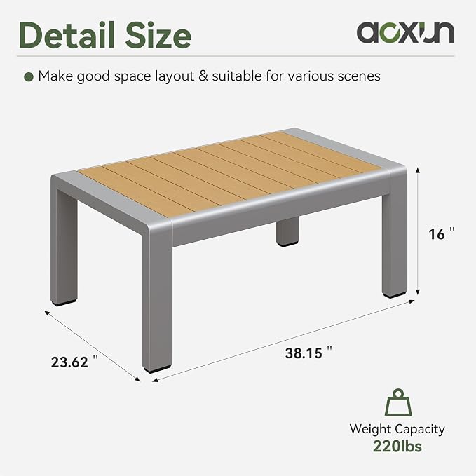 Aoxun Outdoor Aluminum Coffee Table for Patio Furniture Set, Rectangle Outdoor Coffee Table, All-Weather Patio Metal Coffee Table for Balcony, Garden, Deck, Backyard, Dark Grey