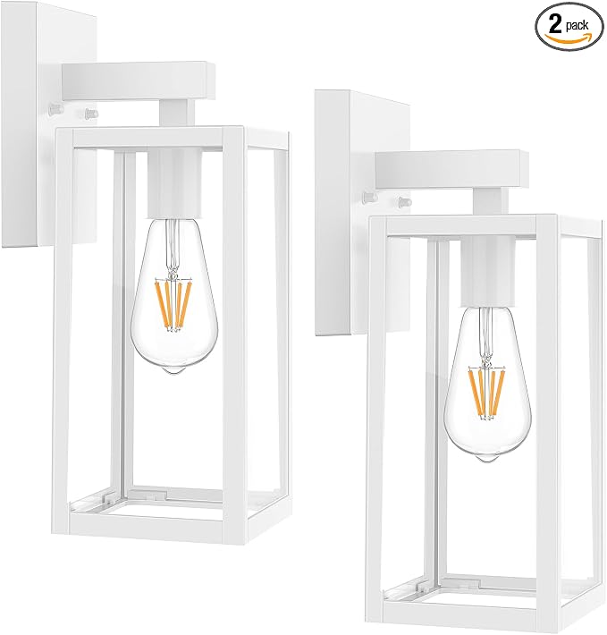MAXvolador Outdoor Wall Sconce, Large Exterior Waterproof Wall Lantern Light Fixture, White Porch Lights Glass, Anti-Rust E26 Patio Lighting, 2 Pack | Large White Porch Wall Lights, Anti-Rust, E26 Socket, Clear Glass Outside Wall Mount Sconces, Front D...