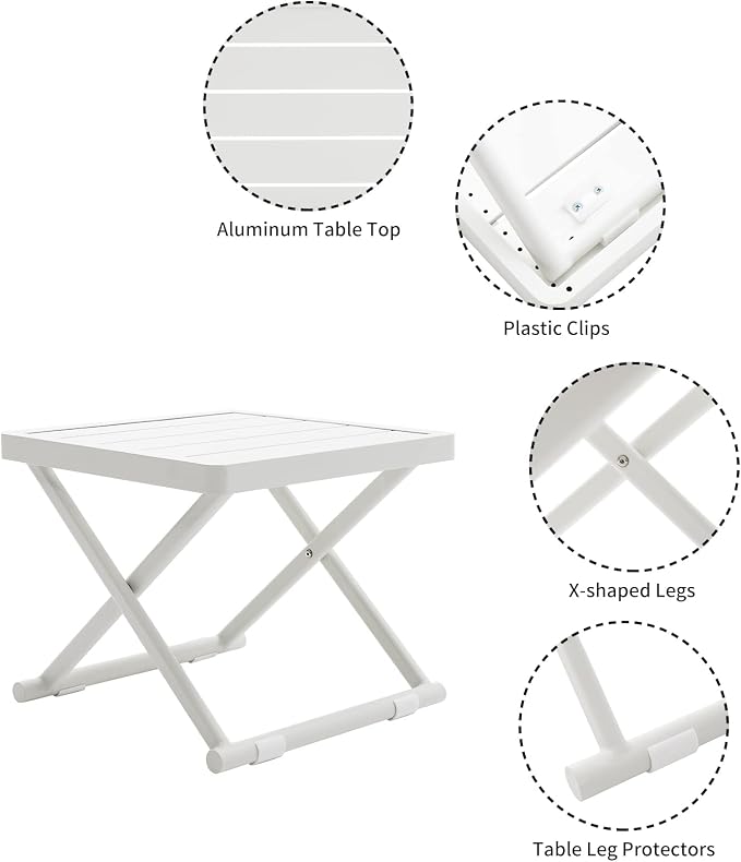 Outdoor Folding Table for Patio Square Side Table for Camping and Picnics Portable Aluminum Tables Foldable Small End Table, Creamy White