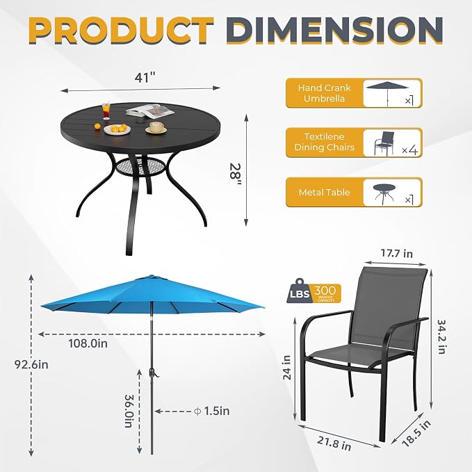 Incbruce 6 PCS Patio Dining Set with Sky Blue Umbrella, Outdoor Dining Set of 4 Textilene Chairs and 41" Round Table with Umbrella Hole for Backyard, Garden, and Poolside (Grey)