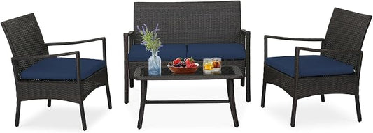 Tangkula 4 Pieces Outdoor Conversation Set, Patio PE Wicker Sofa with Tempered Glass Coffee Table, Soft Seat Cushions Included, Modern Rattan Chair Table Set for Porch, Backyard (1, Navy)