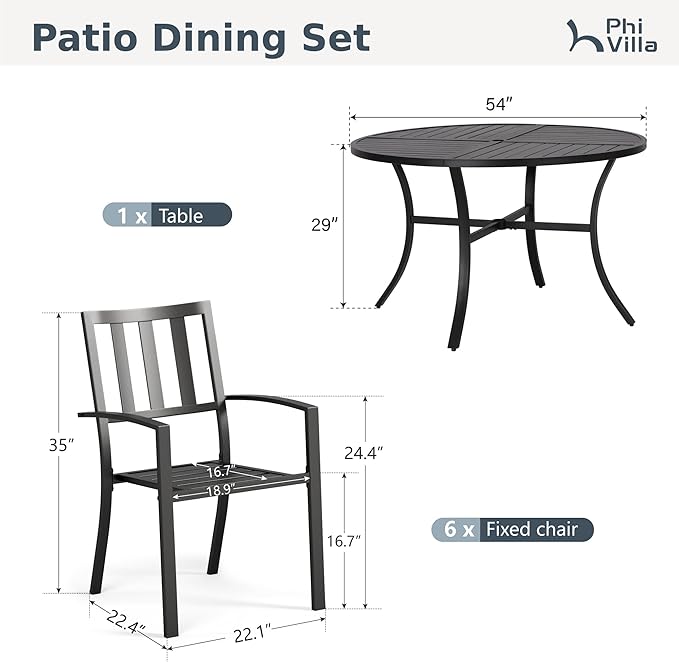 PHI VILLA 7 Piece, Outdoor Dining Set, 54" Round Table& Stackable Chairs | Wrought Iron Dining Table with Umbrella Hole & Stackable Steel Chairs, Patio Furniture Set for Patio, Deck, Yard, Porch