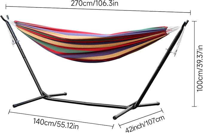 Basics Double Hammock with Space Saving Metal Stand, Indoor Hammock Stand with Carrying Bag, Strong Load-Bearing, Striped Print Red Red