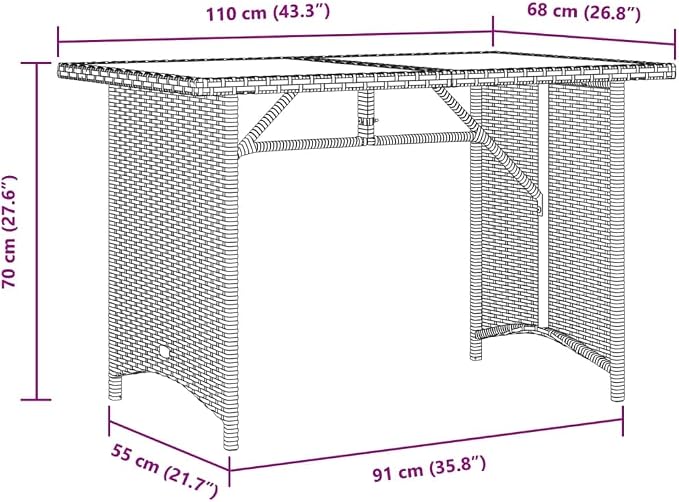Modern Outdoor Dining Table with Tempered Glass Top and Black Acacia Wood Frame on Powder Coated Steel Base for Patio Garden, 43.3 Inch Long 26.8 Inch Wide
