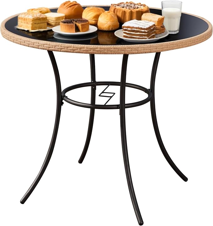 35.6" Round Patio Desk, Outdoor Wicker Dining Table with Umbrella Hole, Tempered Glass Top for 4-5 Persons, Bistro Rattan Furniture Garden Tables for Balcony, Backyard - Black Metal Steel Slat
