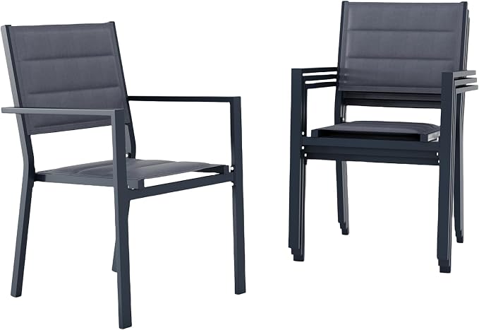 4 Piece Aluminum Patio Stackable Dining Chairs Set, Outdoor Metal Lightweight Stacking Dining Chair with Textilene Fabric, for Backyard Lawn Deck Poolside Porch Bistro, Dark Grey